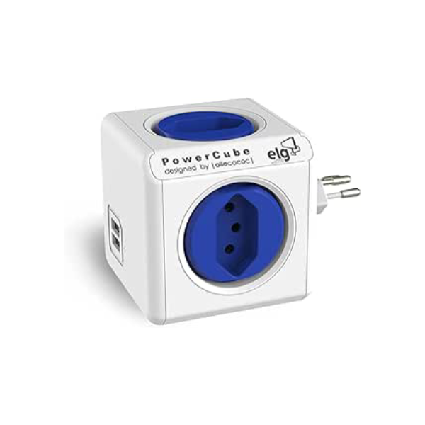 Multiplicador 4 Tomadas Bivolt + 2 USB 2.4A - PowerCube USB ELG - PWC-R4U, Azul e Branco