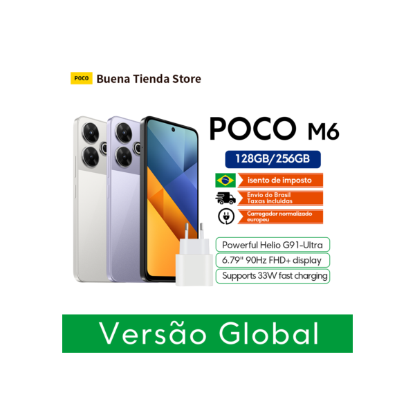 Xiaomi POCO M6 Smartphone 256GB de ROM / 8GB de RAM Versão Global NFC MediaTek Helio G91-Ultra 33W Carregamento Rápido 6,79" 90H