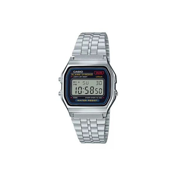 Relógio de pulso Casio Vintage A159 com corpo prateado, digital, para sem gênero, fundo preto, com correia de aço inoxidável cor prateado, subdials de cor preto, ponteiro de minutos/segundos preto, bisel cor prateado e fivela de gancho