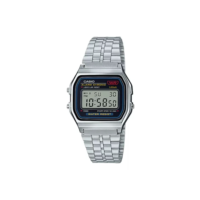 Relógio de pulso Casio Vintage A159 com corpo prateado, digital, para sem gênero, fundo preto, com correia de aço inoxidável cor prateado, subdials de cor preto, ponteiro de minutos/segundos preto, bisel cor prateado e fivela de gancho
