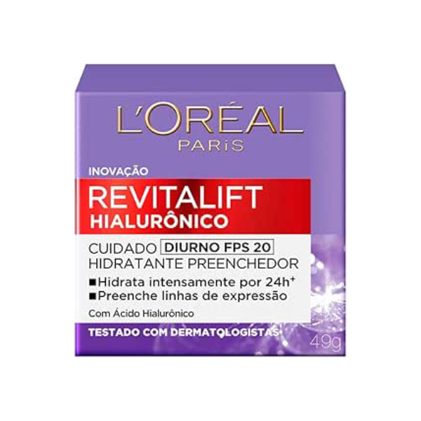 L'Oréal Paris Creme Facial Anti-Idade com Ácido Hialurônico Revitalift Diurno FPS 20, 49g