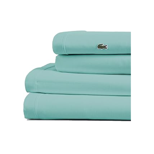 Lacoste Jogo de lençol 100% algodão percal sólido, respirável, refrescante e de qualidade de hotel - bolso profundo, ajuste fácil, certificado Oeko-Tex, azul água, Queen