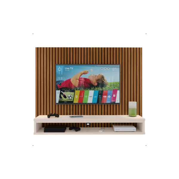 Painel Prateleira Nicho Suspenso Tv Até 50 Polegadas Ripado Cor Ripado Freijo / Off White