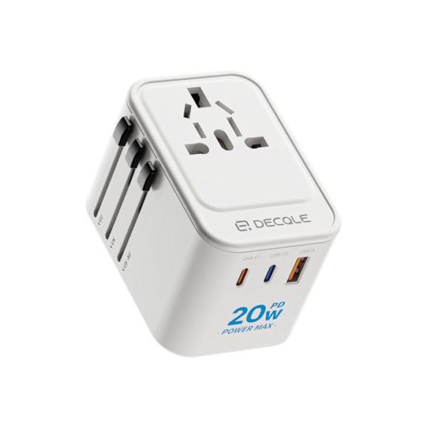 decqle Adaptador de tomada universal, adaptador de viagem com 2 USB-C (PD 20W) e 1 USB-A, adaptador universal para UE, Reino Unido, americano, Canadá, Austrália e 224 país(branco)