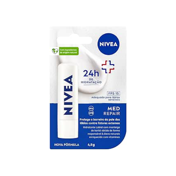 NIVEA Protetor Labial Med Repair FPS15 4,8g - Hidrata e regenera os lábios ressecados e machucados, com Vitamina E e óleos naturais, proporciona reparação intensiva e alívio imediato