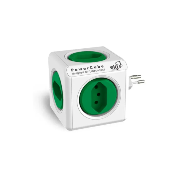 PowerCube ELG PWC-R5, Multiplicador 5 Tomadas, Disjuntor Integrado de 10A, Filtro de Linha com Protetor de Surto, Branco e Verde