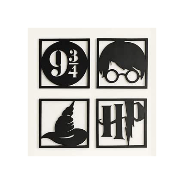Kit 4 Quadros Decorativos Harry Potter MDF 20x20 Cada Unidade - Cor Preto