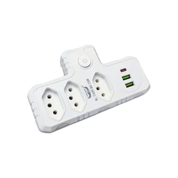 Extensão de Tomada, Régua Tomada, Régua de Energia, 3 Tomadas, 2 Entradas Usb, 1 Entrada Tipo-C, Suporte a Tensão de 110-220V, Potência de 2500W (Branco)