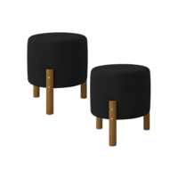 Kit 2 Puff Redondo Luxo Decorativo Charme com Pés de madeira suede preto