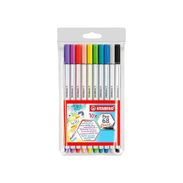 Caneta Stabilo Pen 68 Brush, Multicor, Estojo com 10 unidades