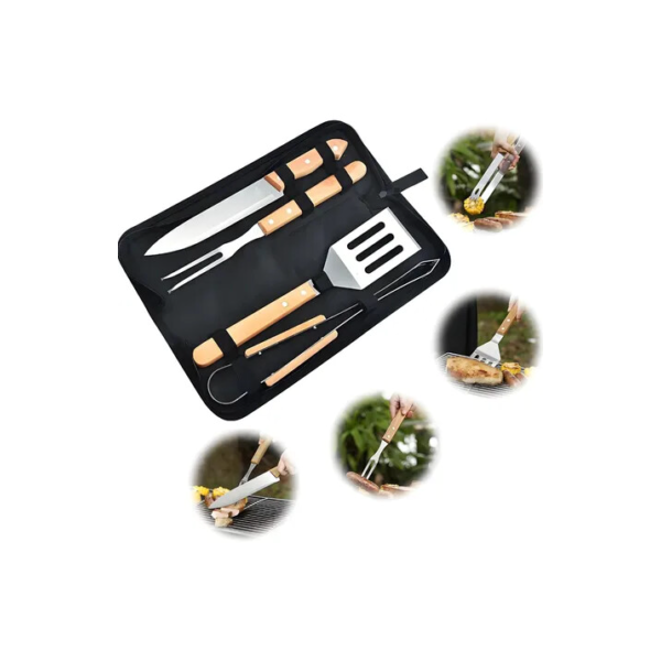 Kit Churrasco Inox Profissional 4 Peças Estojo Madeira