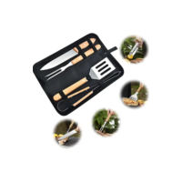 Kit Churrasco Inox Profissional 4 Peças Estojo Madeira