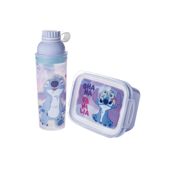 Kit Infantil Marmita Hermética com Travas Garrafa Lancheira Stitch Disney