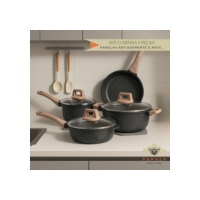 Conjunto Panelas Cerâmica Preto 9 Peças Antiaderente p/ Gás Indução + Utensílios Silicone