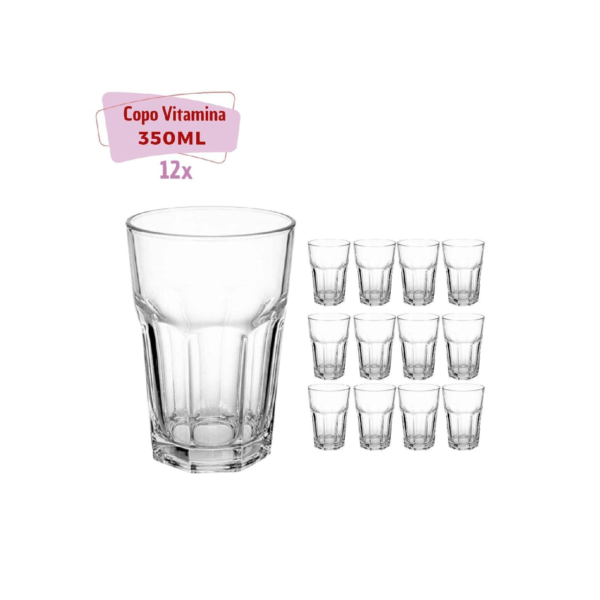 Kit 12 Copo de Vidro resistente 350ml transparente Vitaminas
