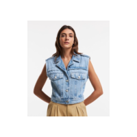Colete em Jeans com Lapelas e Recortes Azul