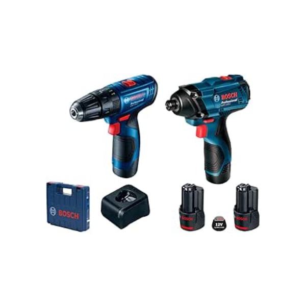 Bosch Kit Parafusadeira Furadeira GSB 120-LI e Chave de Impacto GDR 120-LI 12V com 1 carregador, 2 baterias e 1 maleta