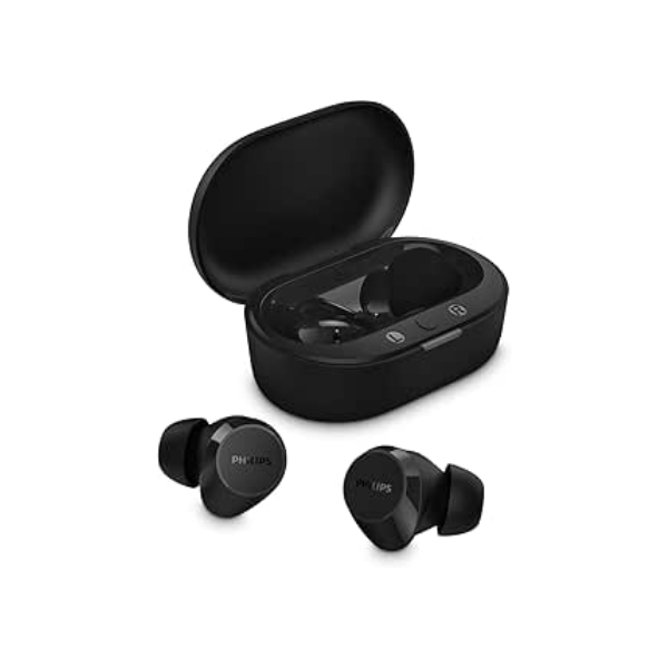 Fone de ouvido sem fio TWS Philips TAT1209BK/00 na cor preto, com bluetooth, microfone, tecnologia IPX4 e 18 horas de reprodução.
