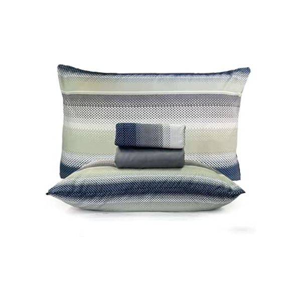 Jogo de Cama Lençol Casal Percal 200 fios Estampado 4 Peças Toque Macio (Azul e Cinza)