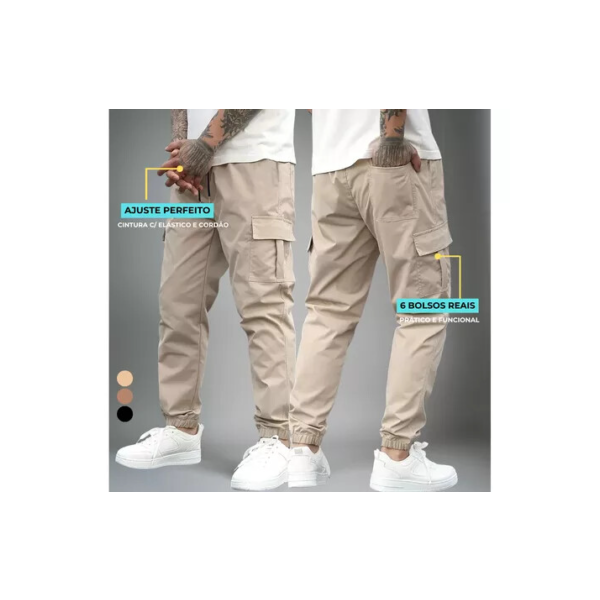 Calça Jogger Cargo Masculina Sarja Calca Streetwear Punho