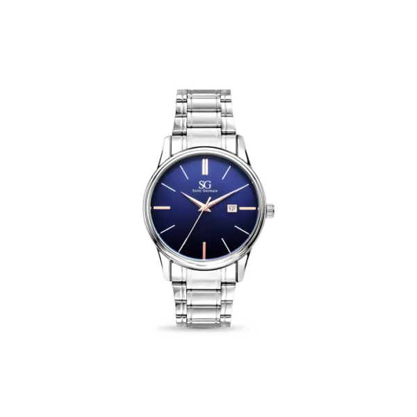 Relógio Masculino Clássico Pulseira Prata Correia Prateada Bisel Prateado Fundo Azul Marinho Saint Germain 42mm Elegante Detalhes Bronze