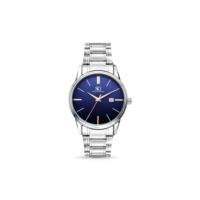 Relógio Masculino Clássico Pulseira Prata Correia Prateada Bisel Prateado Fundo Azul Marinho Saint Germain 42mm Elegante Detalhes Bronze
