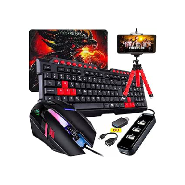 Kit Mobilador Teclado Com Teclas Destacadas Vermelha + Mouse Led 7 Cores + Pad Speed + Suporte de Celular (OTG TIPO C)