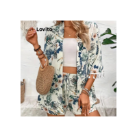 Lovito Conjuntos de shorts com franjas casuais com botão tropical para mulheres  LNL73375