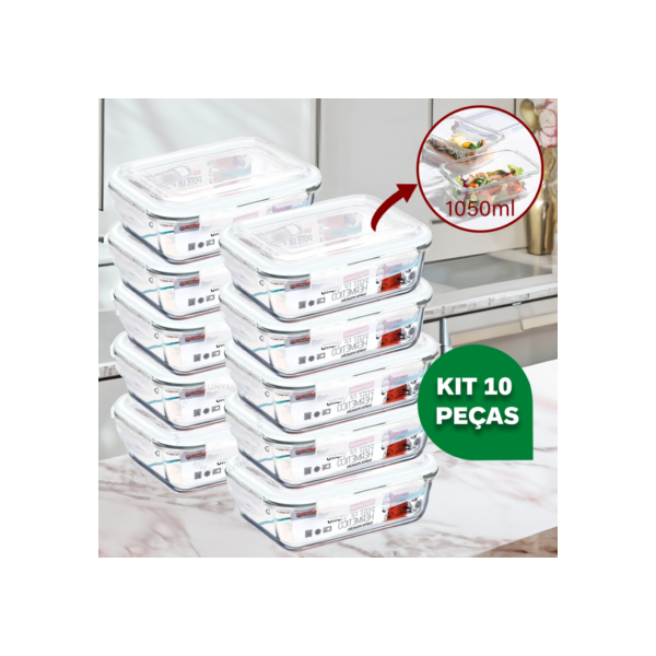 Kit 10 ou 5 Potes Vidro Hermético 1040ml Retangular 4 Travas Marmita Premium