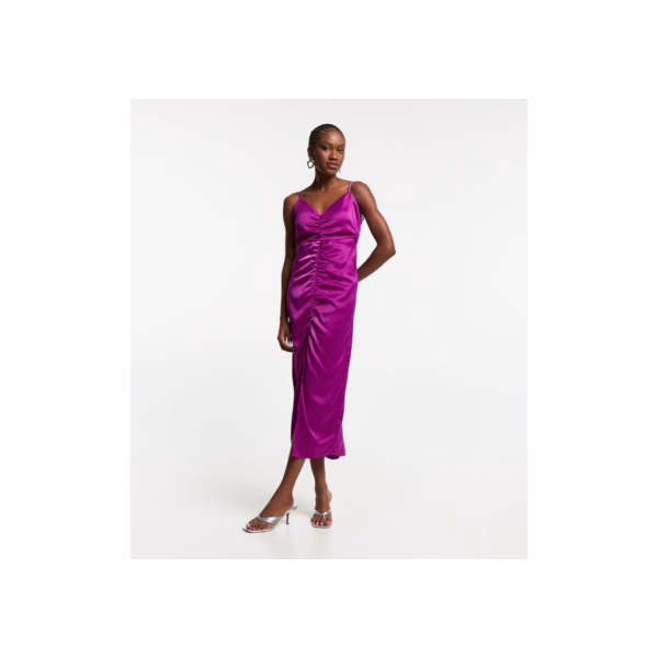 Vestido New Midi Acetinado com Franzidinho e Fenda Frontal Rosa