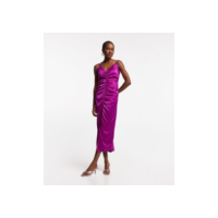 Vestido New Midi Acetinado com Franzidinho e Fenda Frontal Rosa