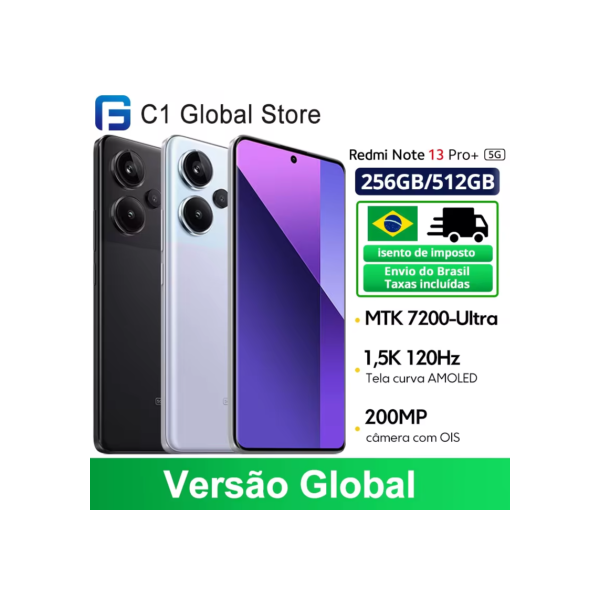 Xiaomi redmi note 13 pro plus 5g versão global 256gb/512gb mediatek dimensão 7200-ultra 6.67 '' 3d-curvo 1.5k 120hz display, 1