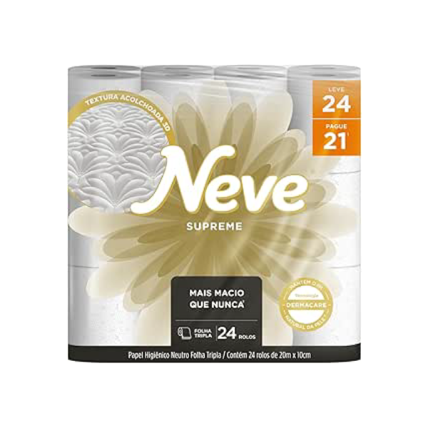 Neve Papel Higiênico Supreme Folha Tripla, 20m, Leve 24 Pague 21 Rolos