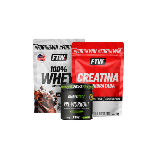 Kit Whey 100% Protein 1kg + Creatina Monohidratada 1 kg + Pré Workout Sabor Maçã Verde 300g  DIABO VERDE - FTW