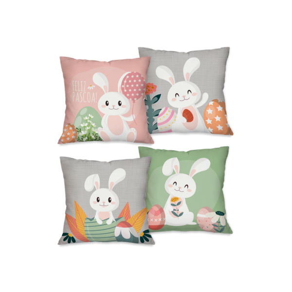 KIT COM 04 CAPAS PARA ALMOFADAS DECORAÇÃO PÁSCOA 45X45 COELHINHOS CUTE