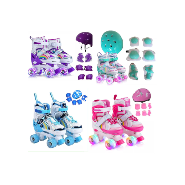 Patins Quad De Menina Infantil 4 Rodas Roxo Arco-Iris Com Luz Led Com Kit Proteção Menino Promoção