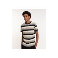 Camiseta Easy em Algodão com Estampa Listrada e Bordado Just Smile Bege/ Preto