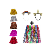 Kit Saia Fitilho Metalizada Colorida + Tiara  Bloquinho Carnaval Fantasia Festa 40cm