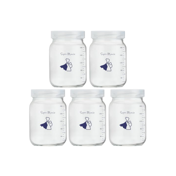 Kit com 5 Potes de Vidro para Armazenar Leite Materno 200ml Com Graduação Super Mamãe