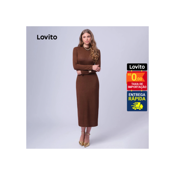 Lovito Vestido Feminino Midi Manga Longa Liso LB432BRL461