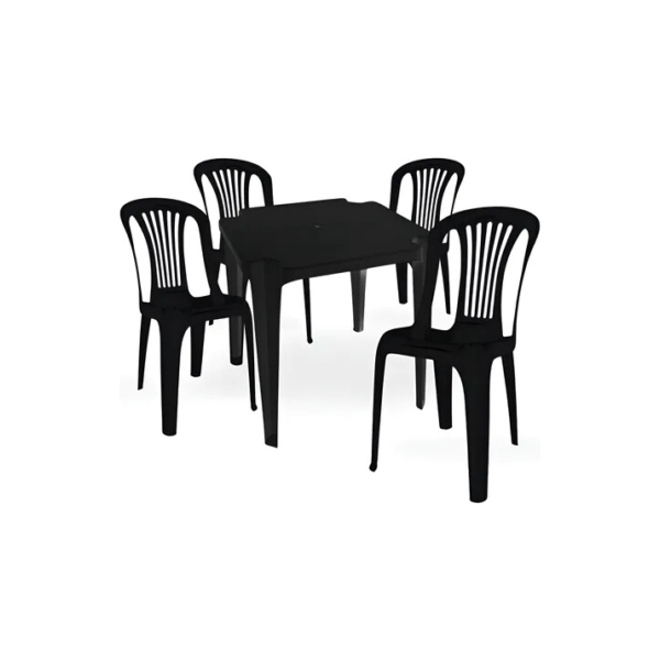 Kit Mesa Quadrada De Plástico + 4 Cadeira Resistente P/ Jardim Bar Restaurante Sorveteria Cor Preto Ps Móveis