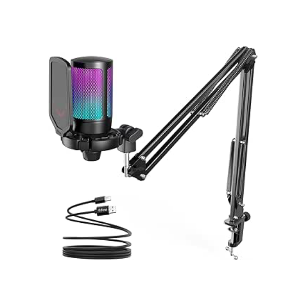 FIFINE Gaming PC Microfone USB, Microfone Condensador para Podcast com Braço,Filtro Pop,Botão Mudo para Streaming,Twitch,Chat Online,Mic RGB para Computador para PS4/5 y Jogadores e Youtuber-A6T