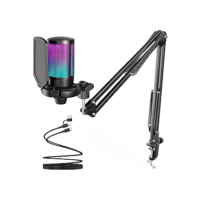 FIFINE Gaming PC Microfone USB, Microfone Condensador para Podcast com Braço,Filtro Pop,Botão Mudo para Streaming,Twitch,Chat Online,Mic RGB para Computador para PS4/5 y Jogadores e Youtuber-A6T