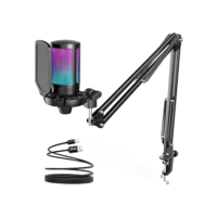FIFINE Gaming PC Microfone USB, Microfone Condensador para Podcast com Braço,Filtro Pop,Botão Mudo para Streaming,Twitch,Chat Online,Mic RGB para Computador para PS4/5 y Jogadores e Youtuber-A6T