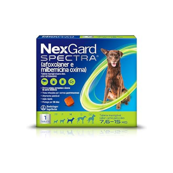 NexGard Spectra Antipulgas e Carrapatos e Vermífugo para Cães de 7,6 a 15kg - 1 tablete