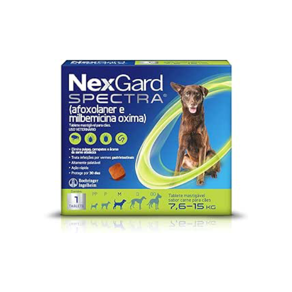 NexGard Spectra Antipulgas e Carrapatos e Vermífugo para Cães de 7,6 a 15kg - 1 tablete