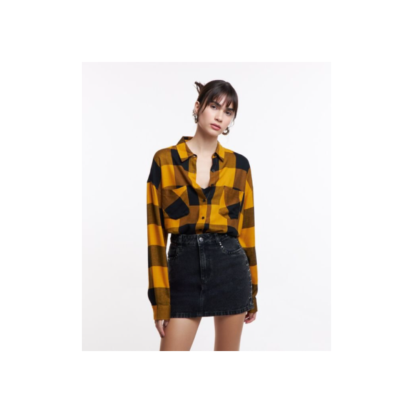 Camisa Alongada em Flanela Xadrez com Bolsos Amarelo/Preto