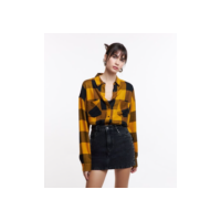 Camisa Alongada em Flanela Xadrez com Bolsos Amarelo/Preto