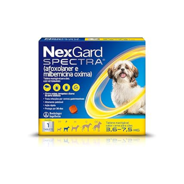NexGard Spectra Antipulgas e Carrapatos e Vermífugo para Cães de 3,6 a 7,5kg - 1 tablete