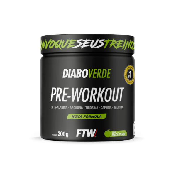 FTW Pré-Treino Diabo Verde em Pó com Cafeína, Aminoácidos Beta‑Alanina e Arginina para Treinos e Atividades Físicas - Pote 300 g (Sabor: Maça Verde)